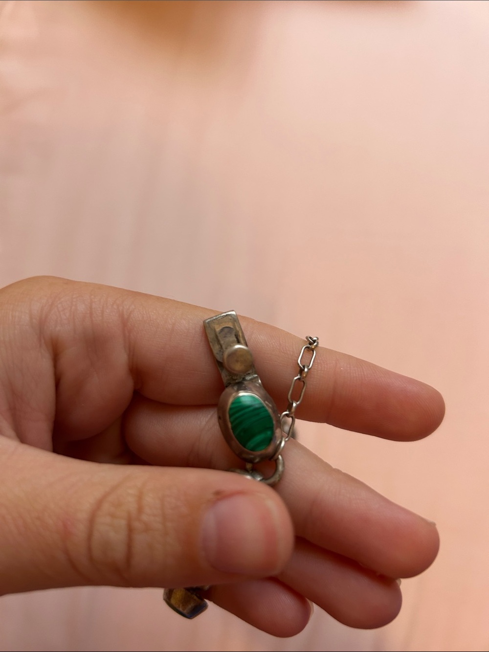 Vintage Sterling Silver Green Stone Link Bracelet - Picture 4 of 7